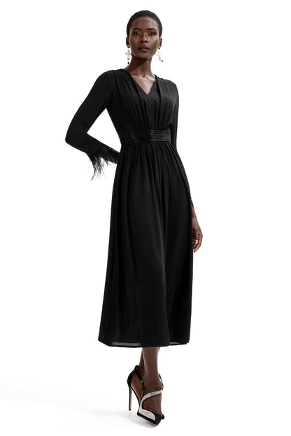 Rhinestone V-neck Long Sleeve Feather Midi Dress