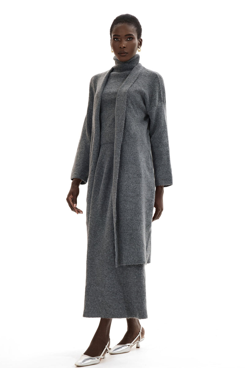 Long Sleeve Cardigan & High Neck Sleeveless Top & Maxi Skirt Set