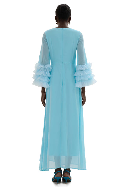 Around Neck Frill Long Sleeve Midi Dress