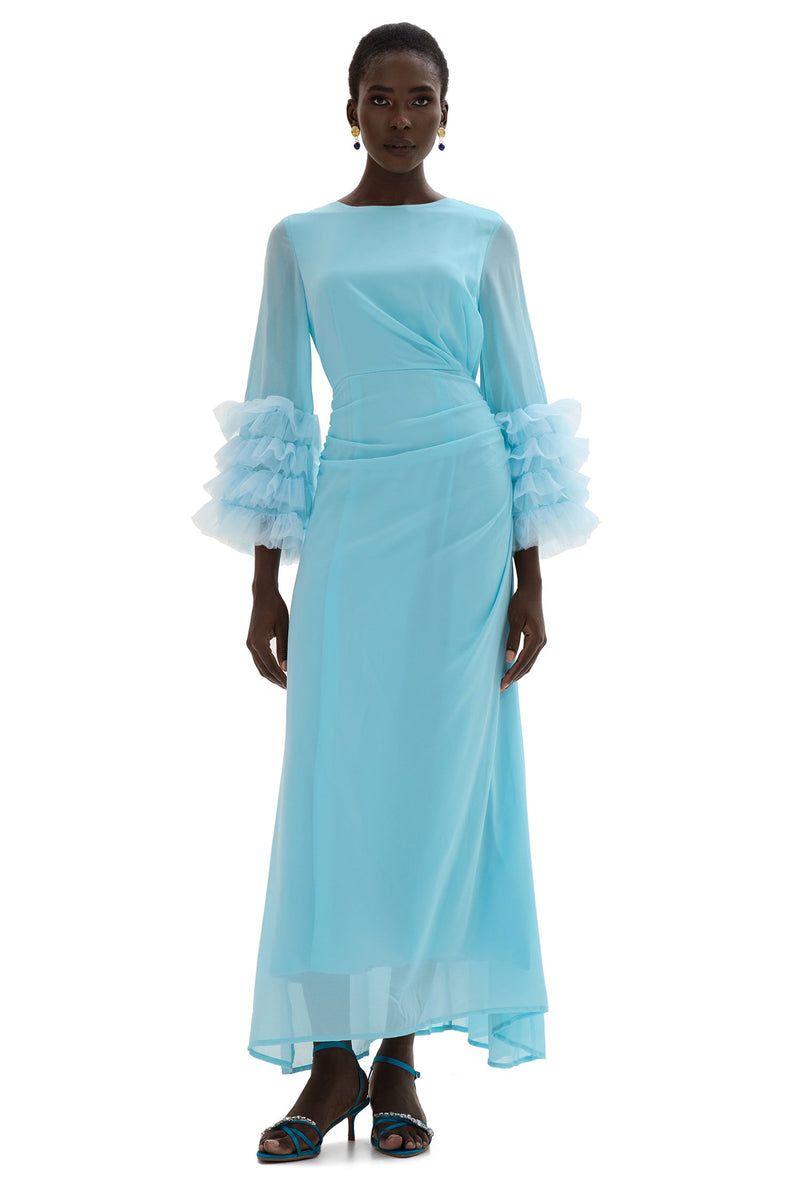 Around Neck Frill Long Sleeve Midi Dress