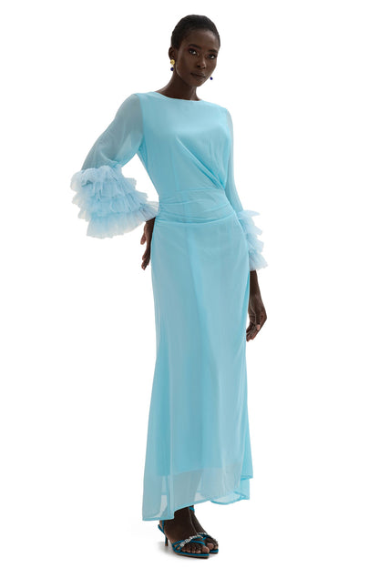 Around Neck Frill Long Sleeve Midi Dress