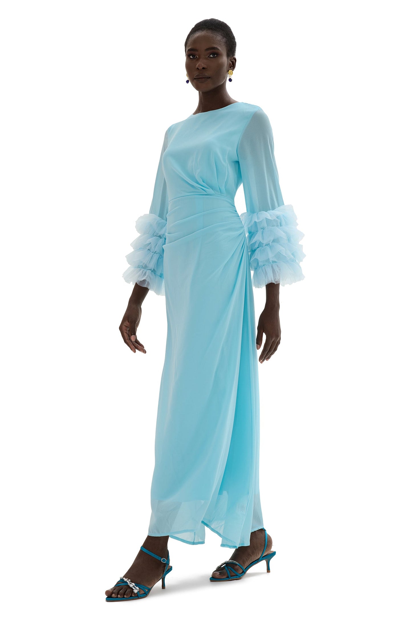 Around Neck Frill Long Sleeve Midi Dress