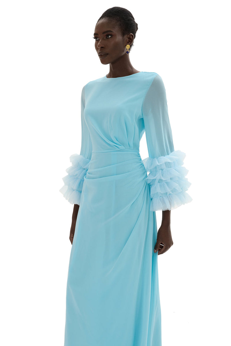 Around Neck Frill Long Sleeve Midi Dress
