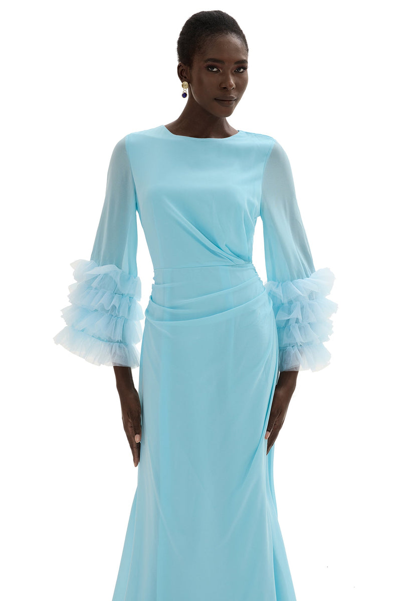 Around Neck Frill Long Sleeve Midi Dress