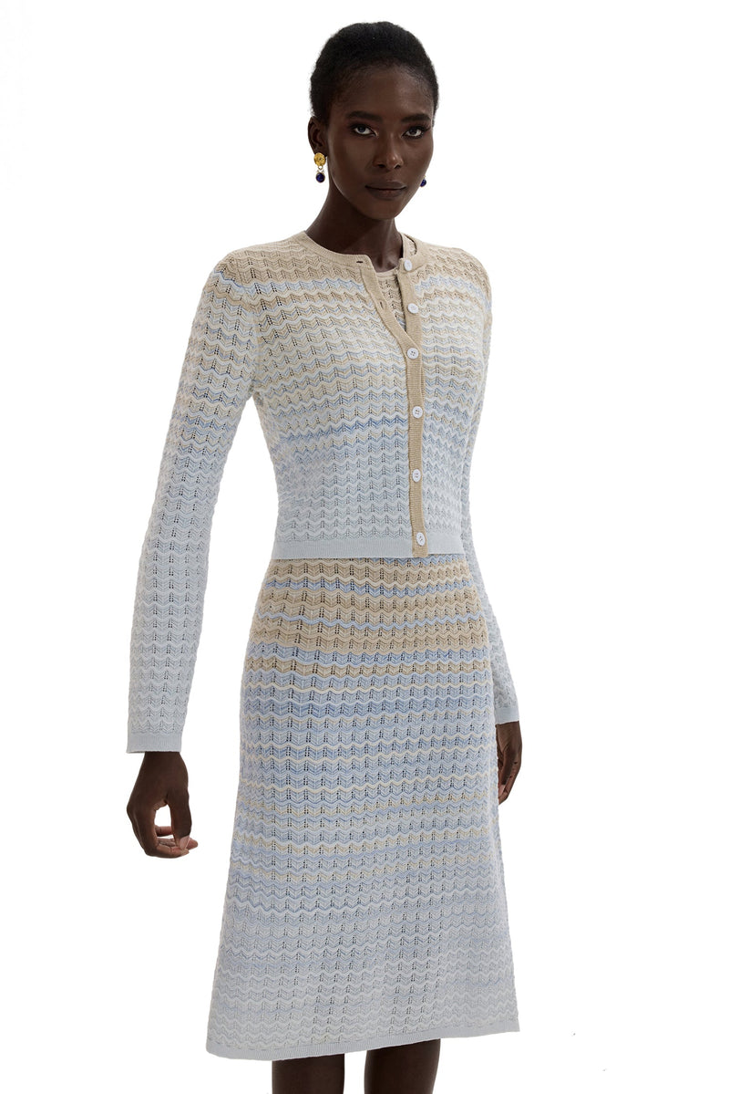 Knit Lurex Long Sleeve Coat & Sleeveless Midi Skirt Set