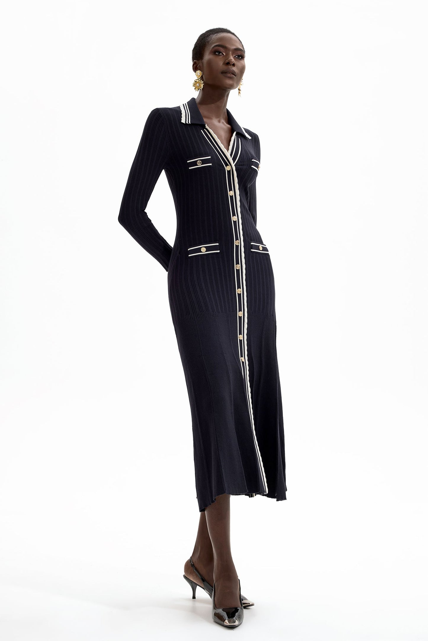 Knit Contrast Color Long Sleeve Midi Dress