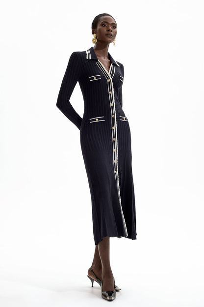 Knit Contrast Color Long Sleeve Midi Dress