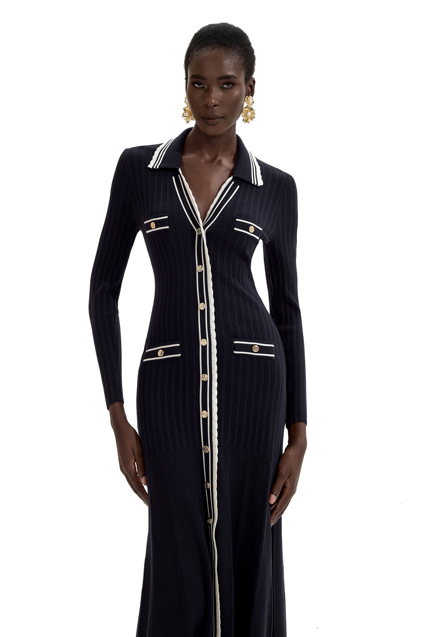 Knit Contrast Color Long Sleeve Midi Dress
