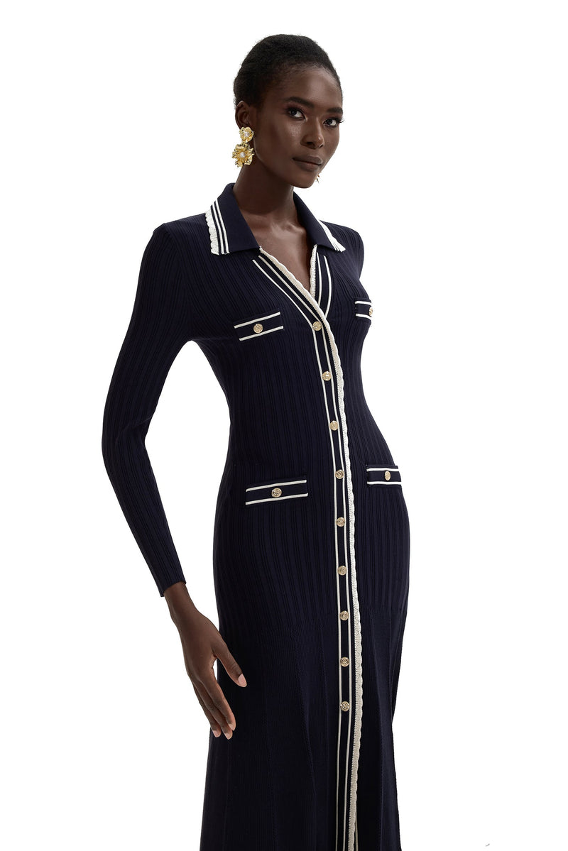 Knit Contrast Color Long Sleeve Midi Dress