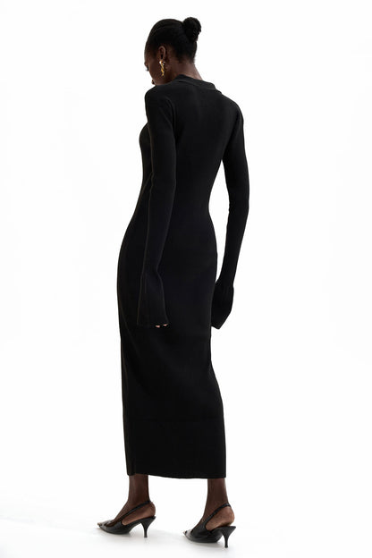 Jersey Button Midi Dress Black