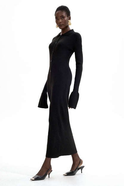 Jersey Button Midi Dress Black