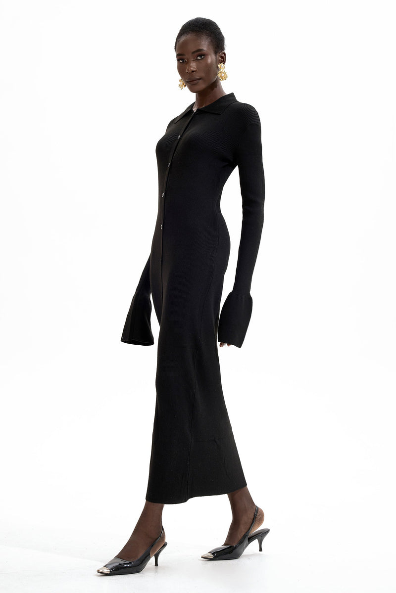 Jersey Button Midi Dress Black