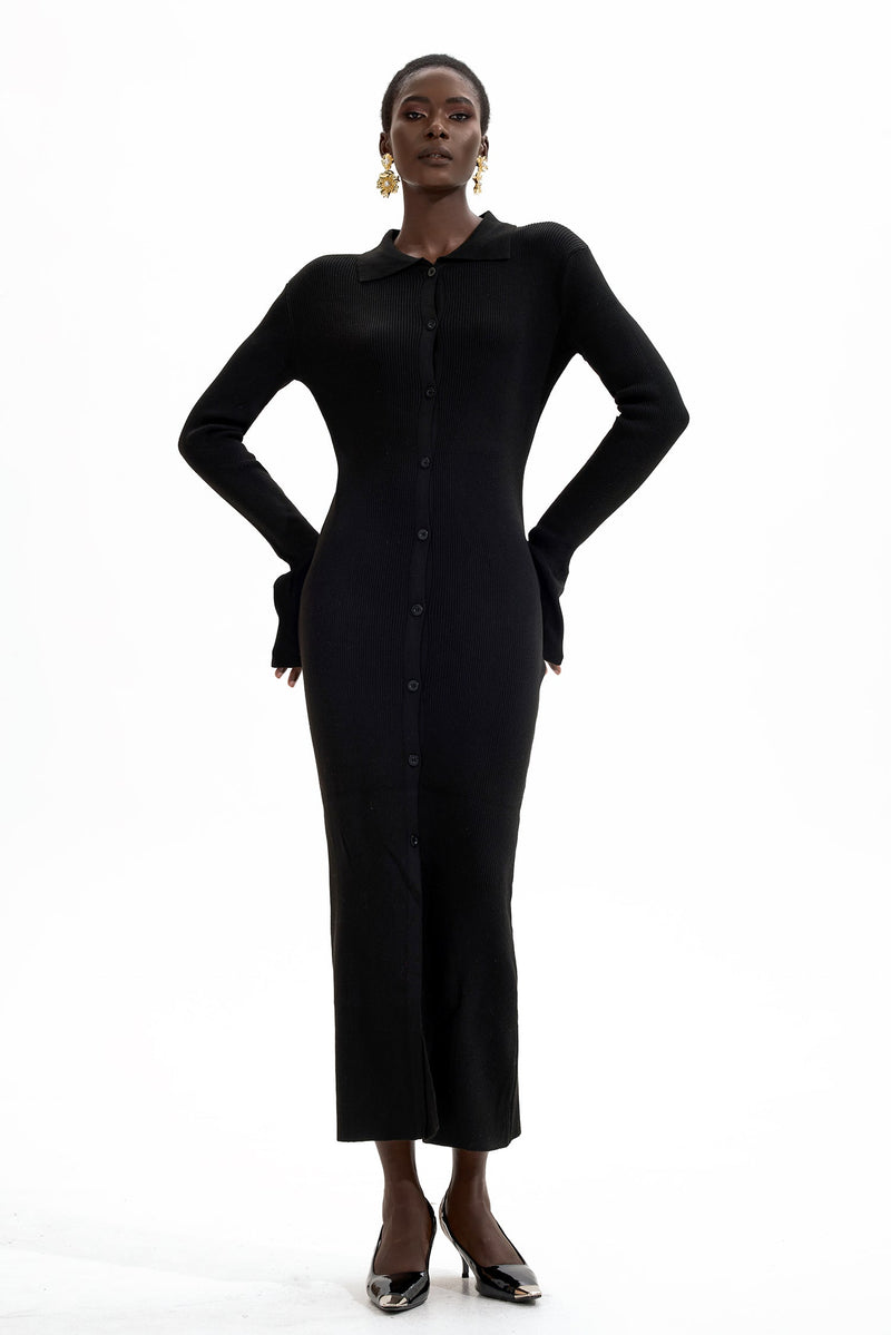 Jersey Button Midi Dress Black