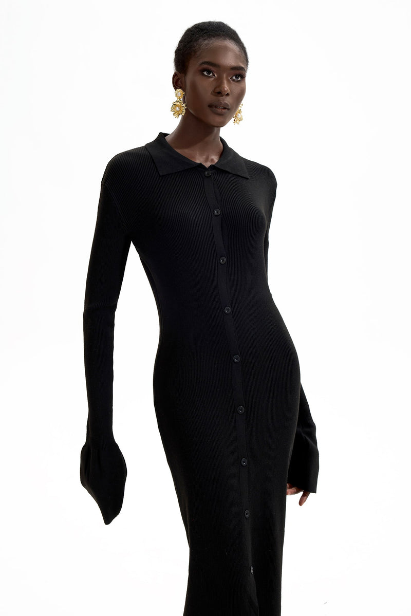 Jersey Button Midi Dress Black