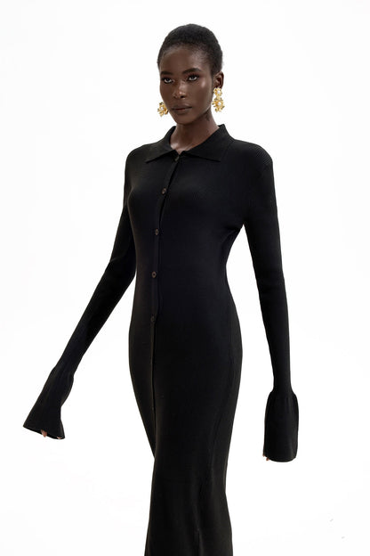 Jersey Button Midi Dress Black
