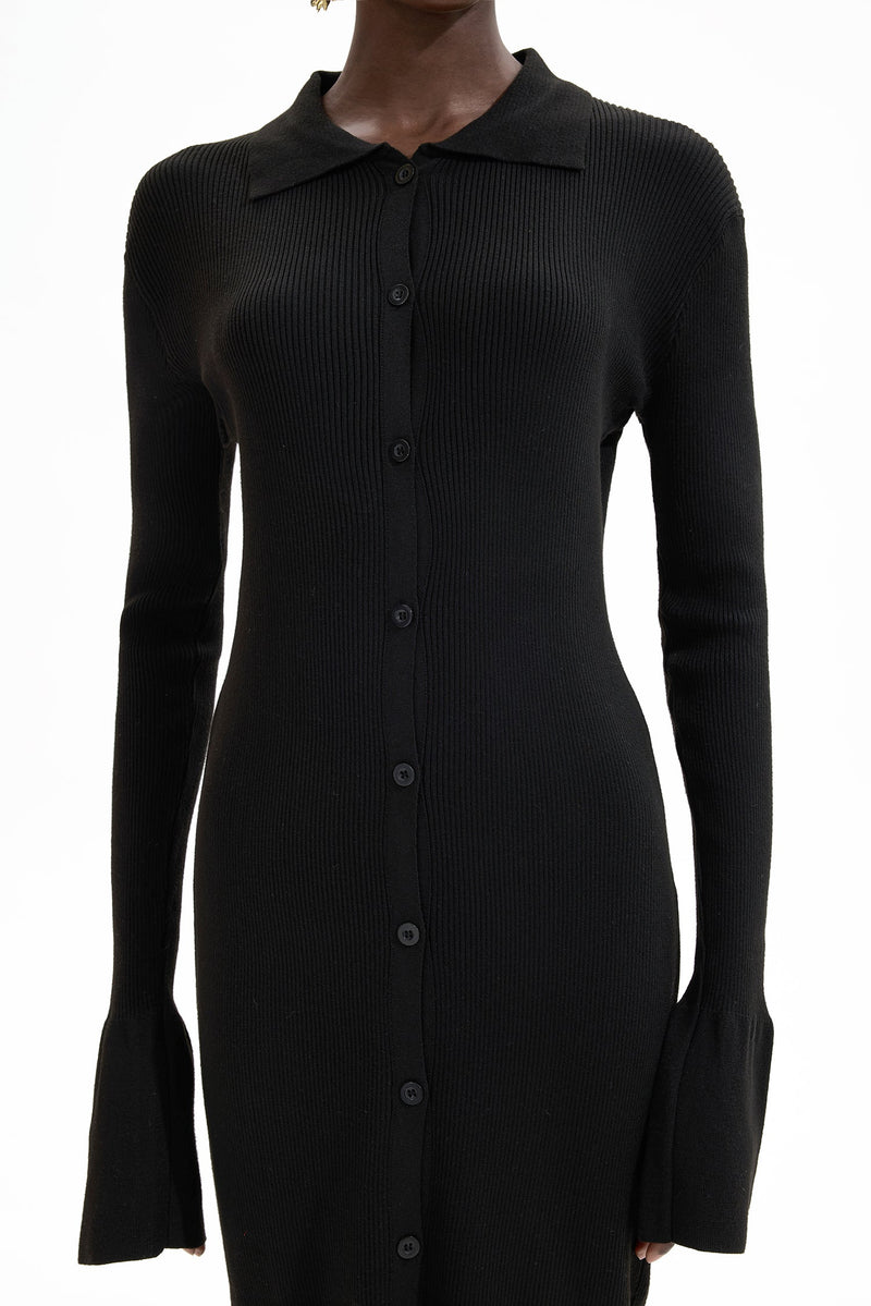 Jersey Button Midi Dress Black