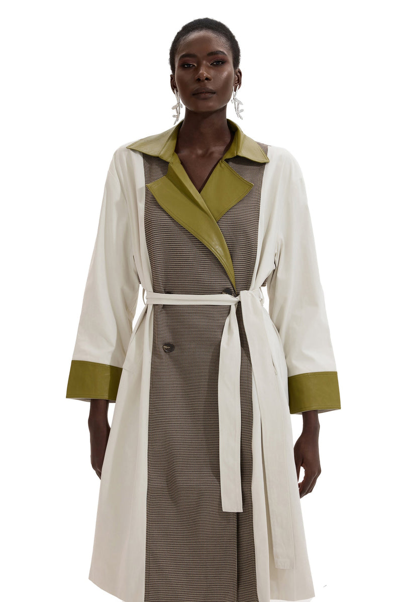 Pu Splicing Houndstooth Long Sleeve Coat With Belt