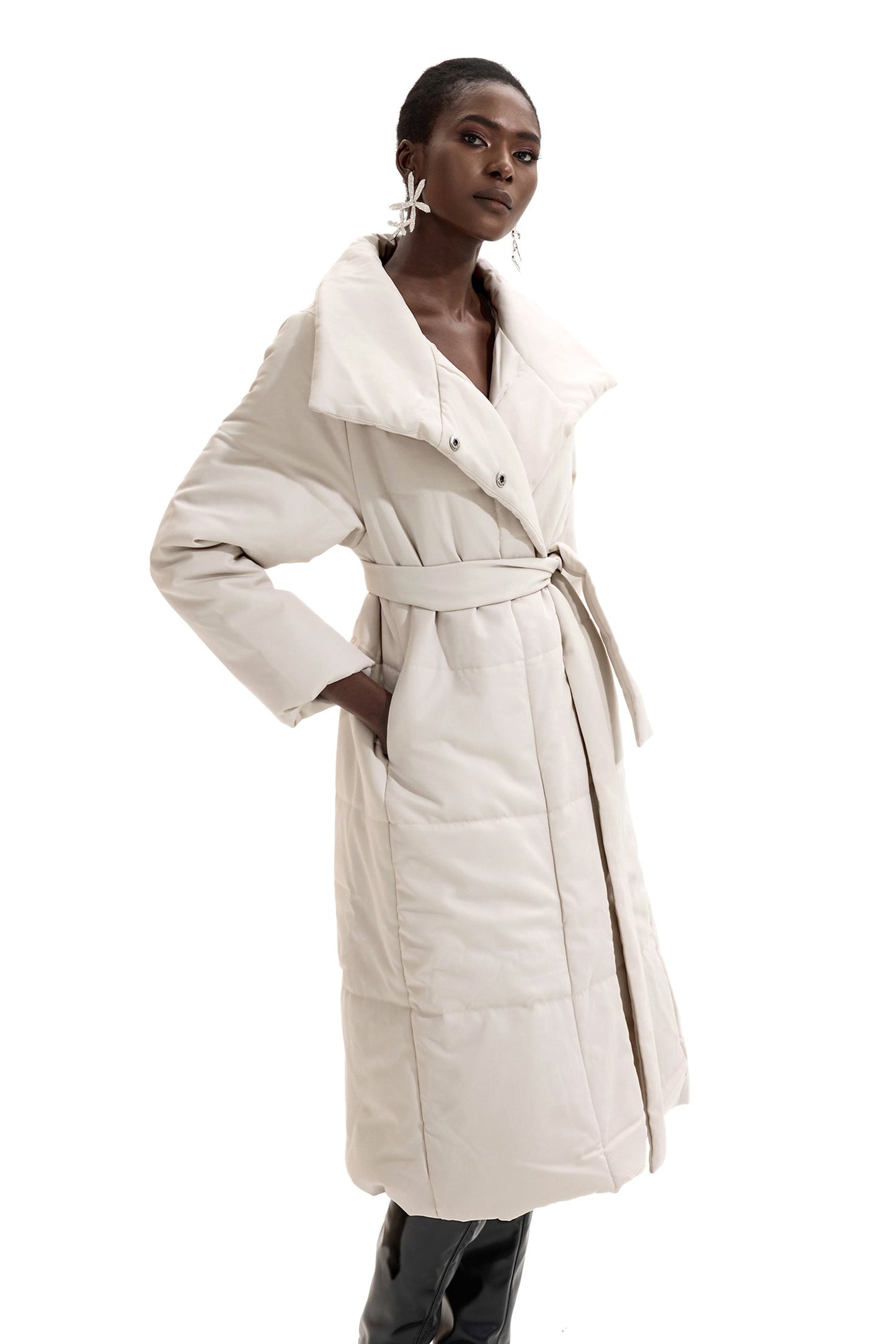 Stand Collar Long Sleeve Quilted Coat