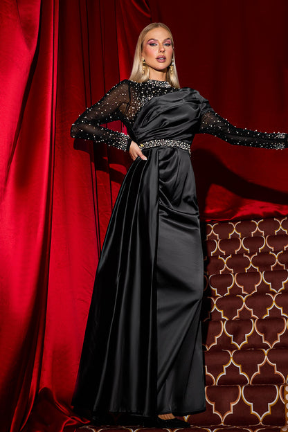 Rhinestone Faux Pearl Satin Maxi Dress