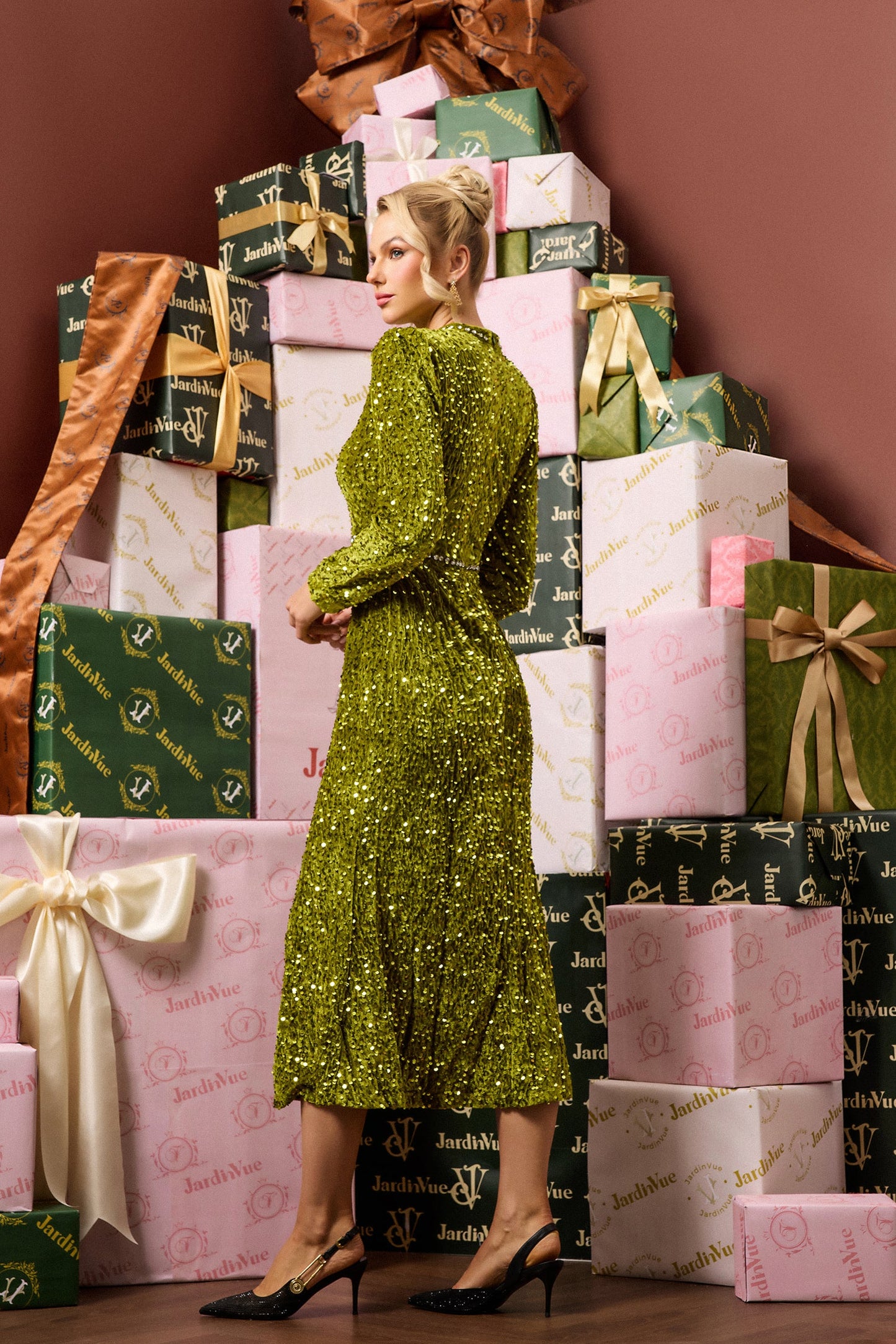 Sequin Velvet Long Sleeve Midi Dress