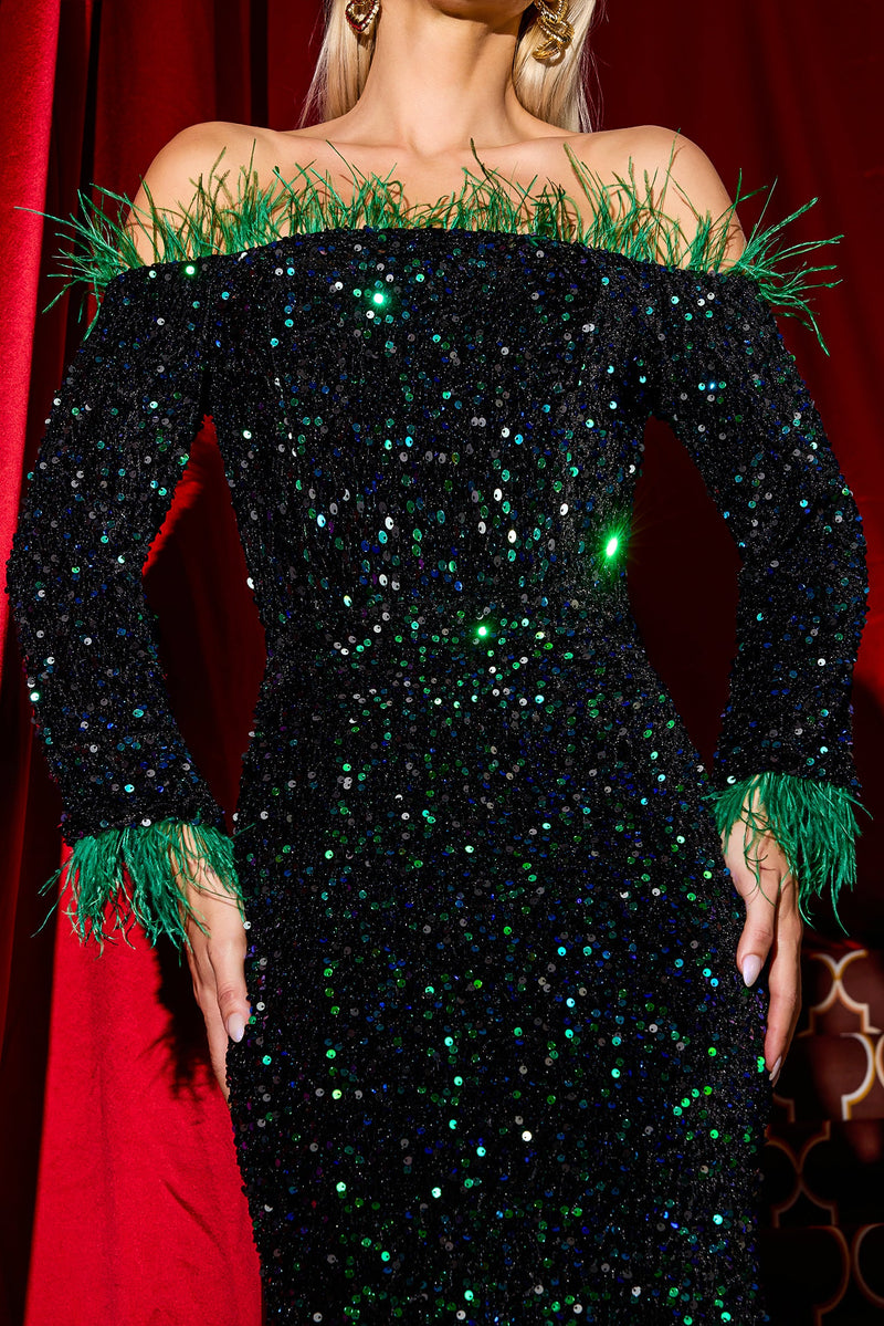 Sequin Velvet Feather Midi Dress
