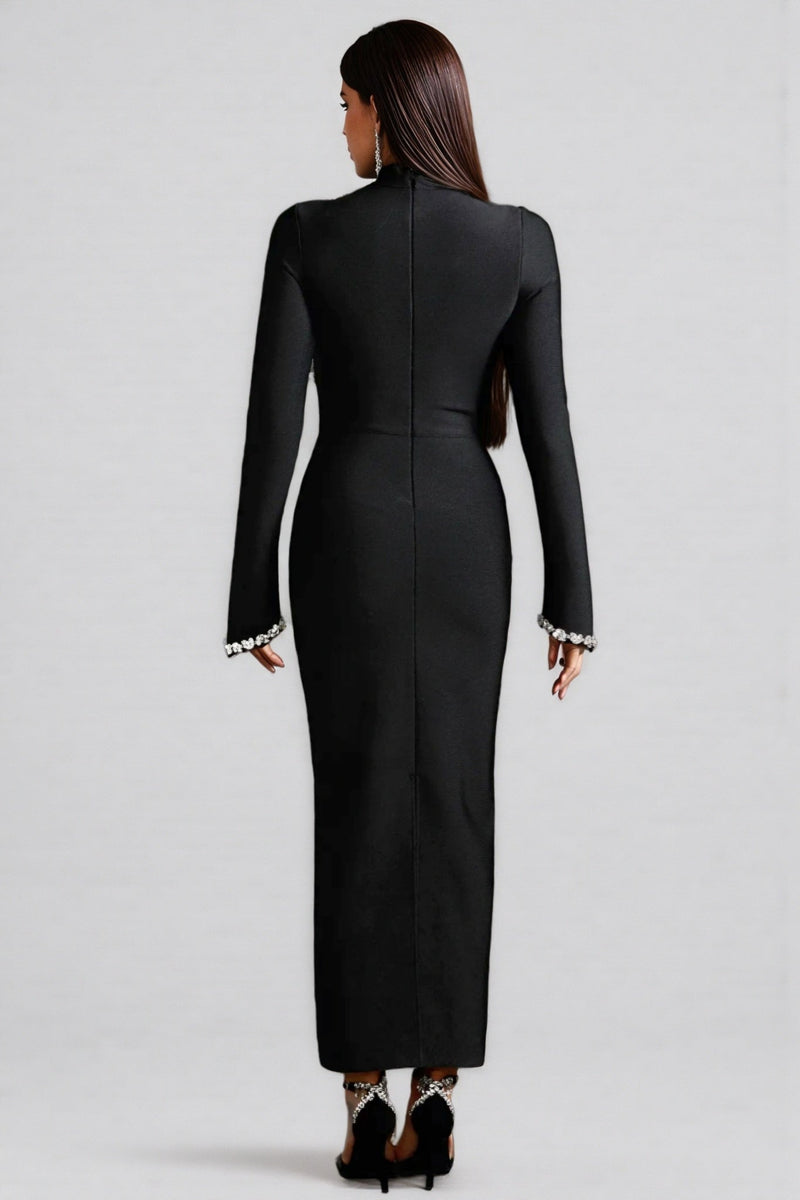 Jersey Diamond Setting Long Sleeve Bandage Maxi Dress