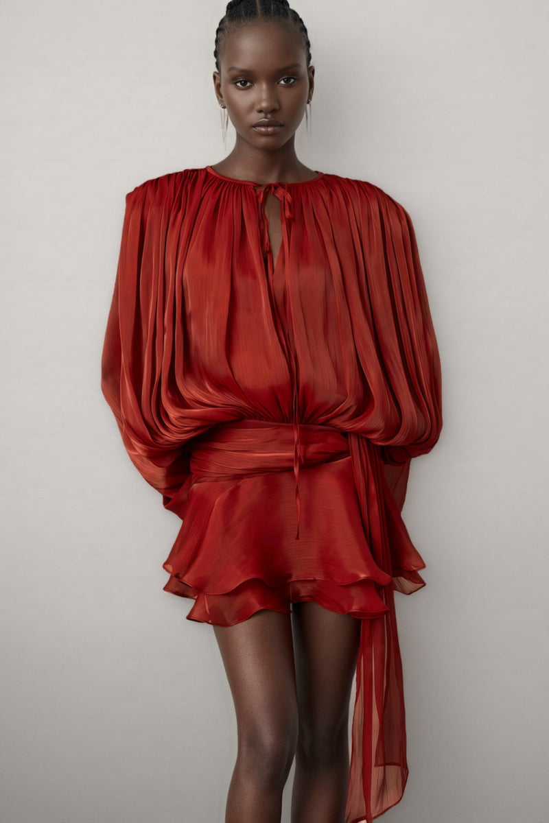 Theodosia Red Pleated Ruffle Mini Dress