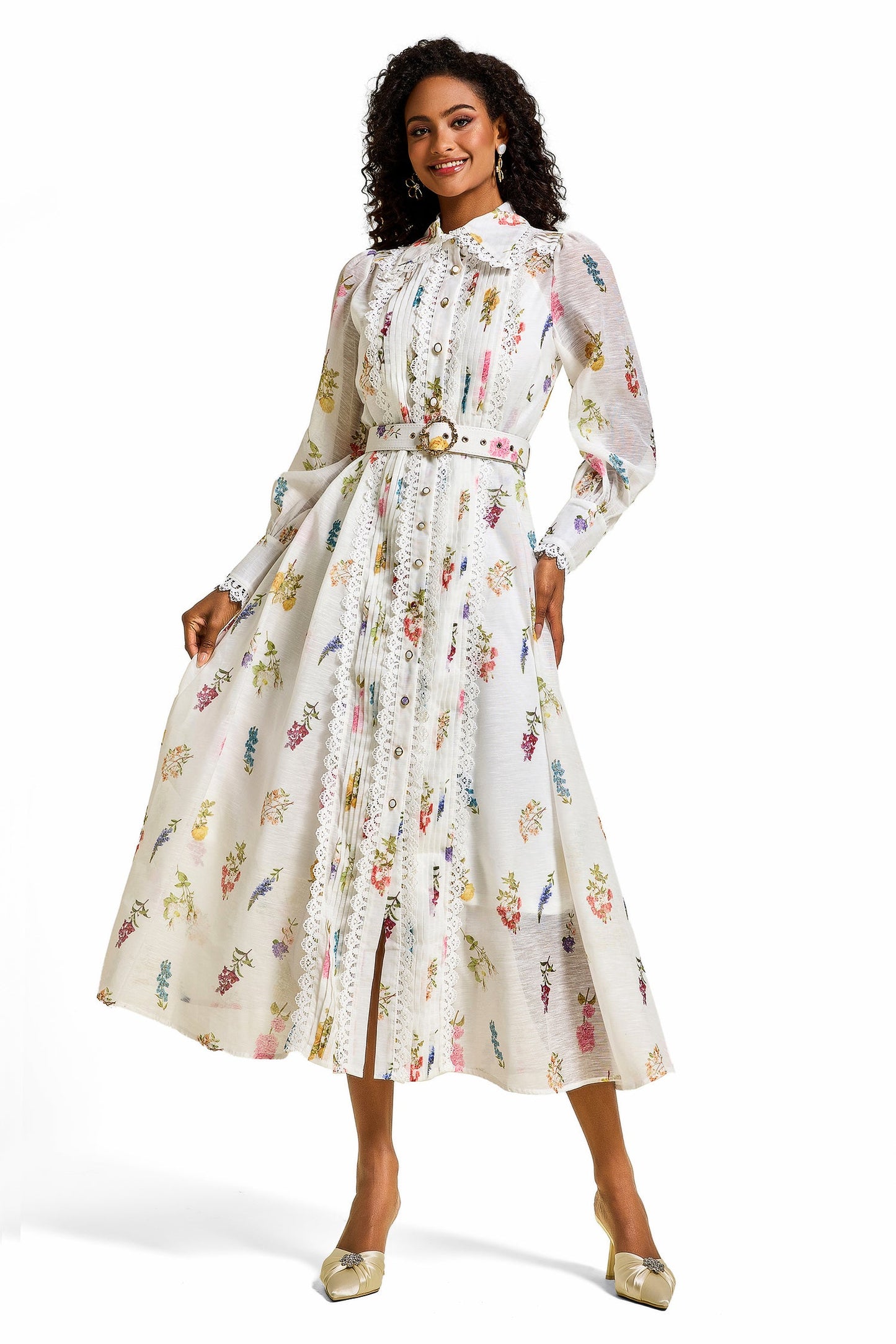 Lace Lantern Sleeve Midi Dress