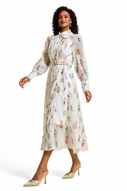 Lace Lantern Sleeve Midi Dress