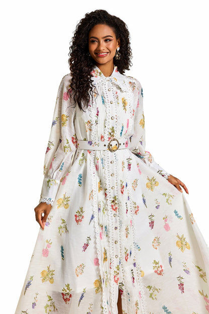 Lace Lantern Sleeve Midi Dress