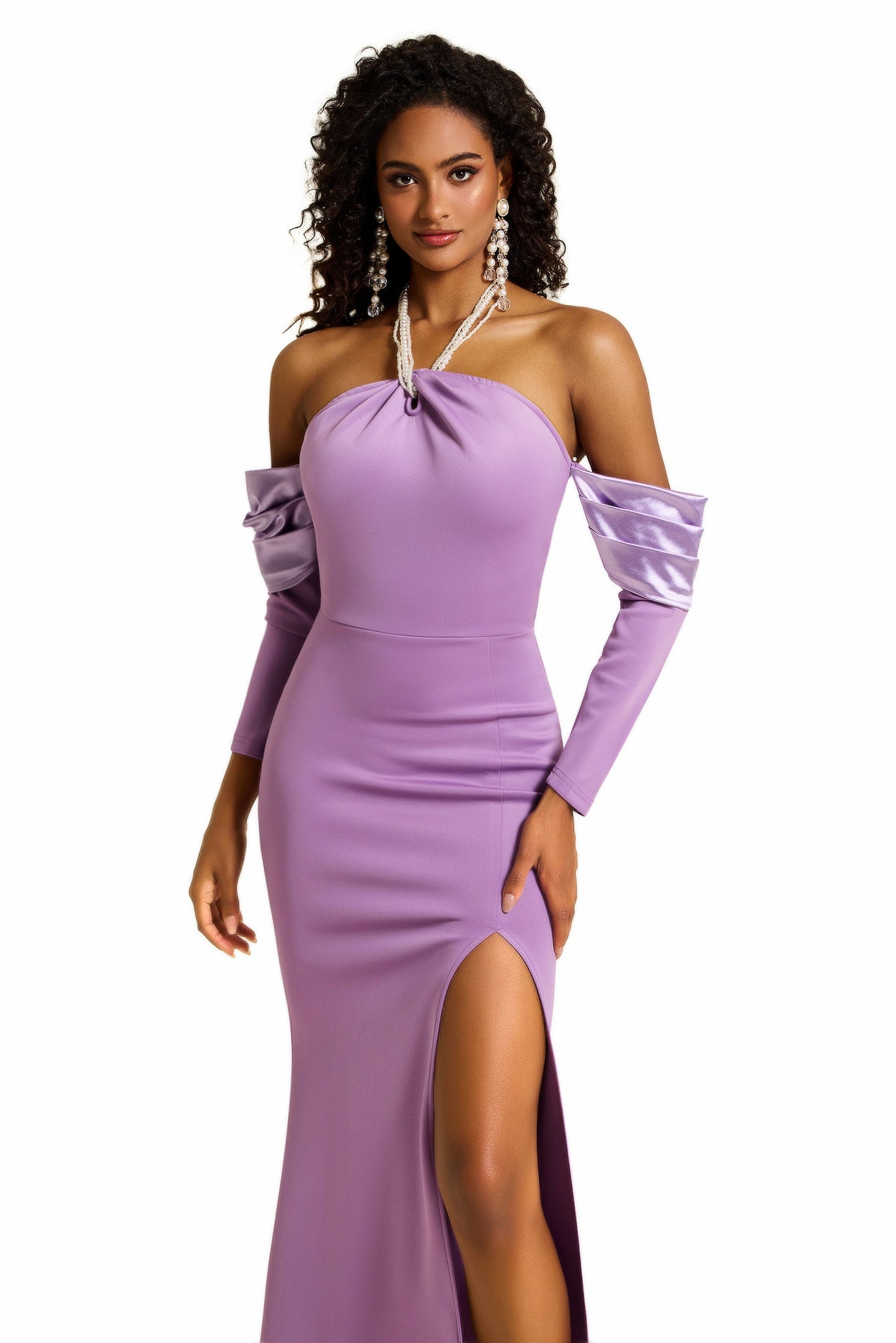 Faux Pearl Halter Neck Off-shoulder Midi Dress