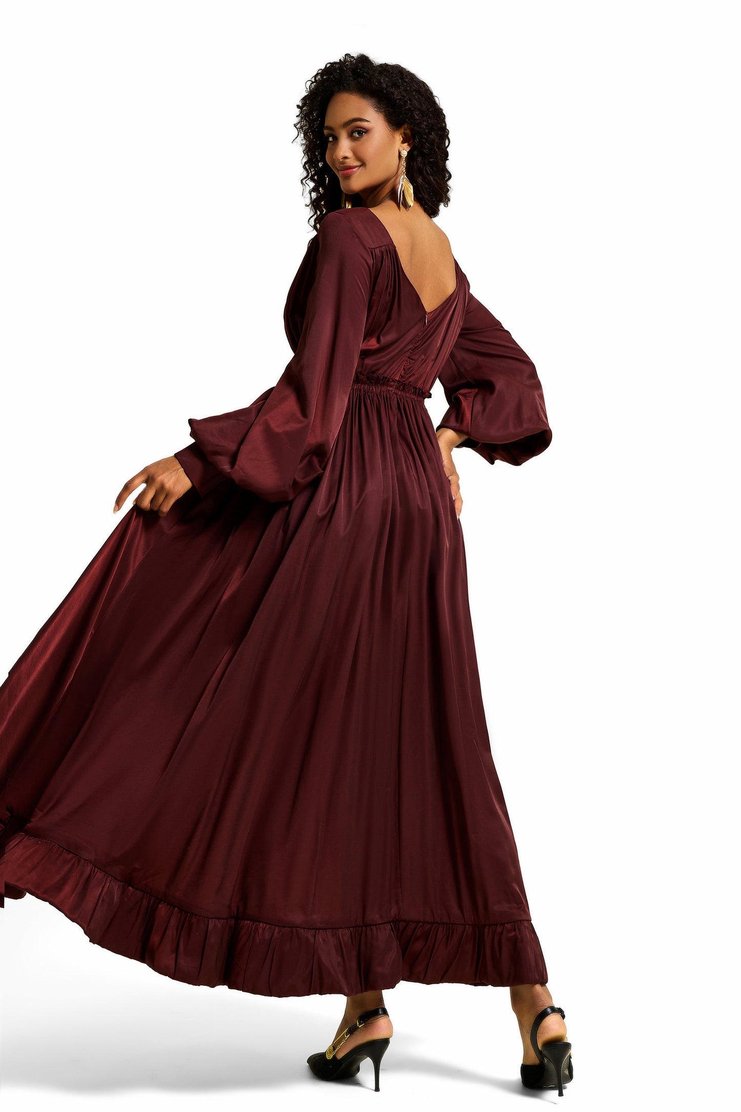 Lantern Sleeve Ruffle Midi Dress
