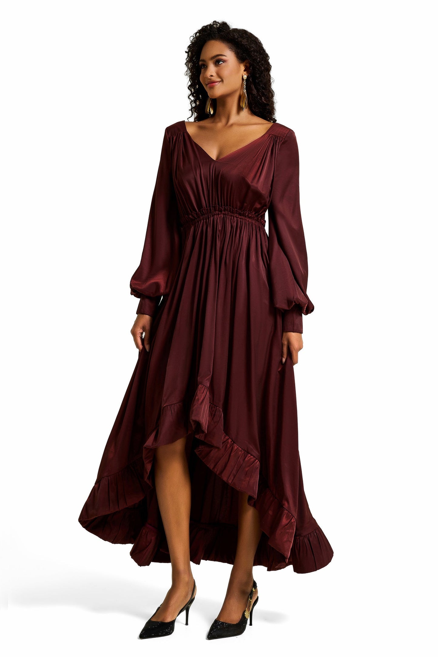 Lantern Sleeve Ruffle Midi Dress