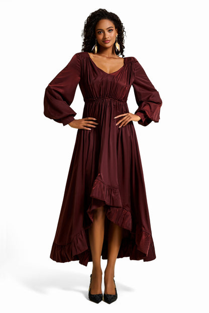 Lantern Sleeve Ruffle Midi Dress