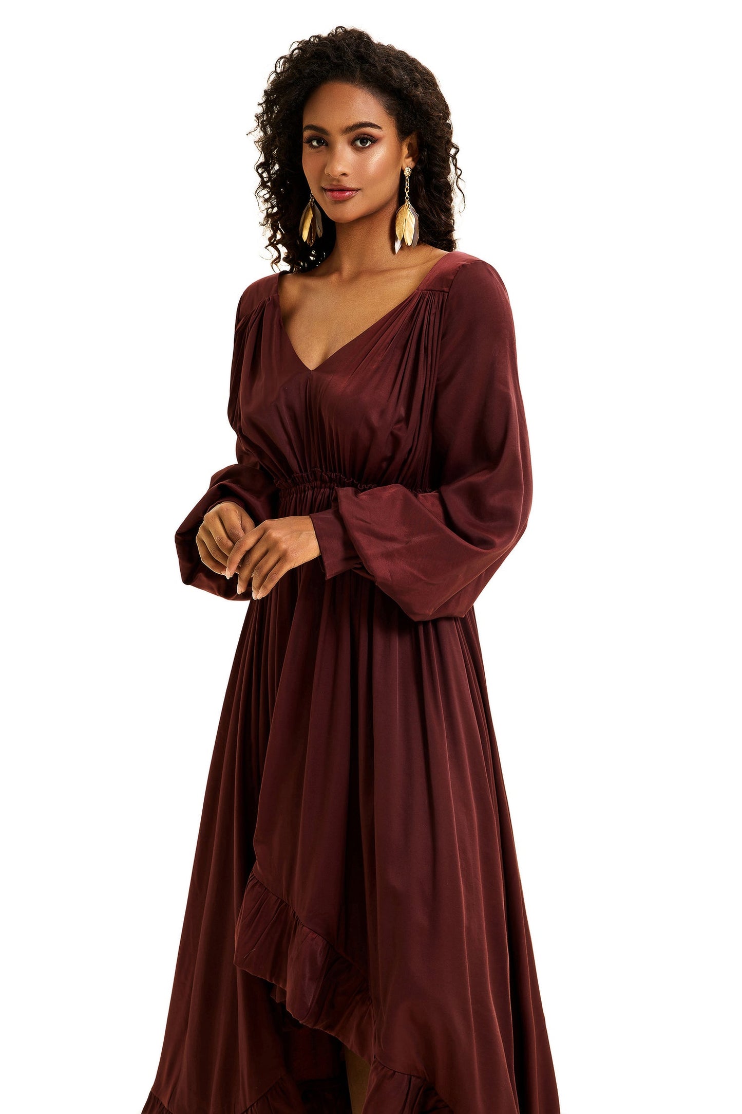 Lantern Sleeve Ruffle Midi Dress