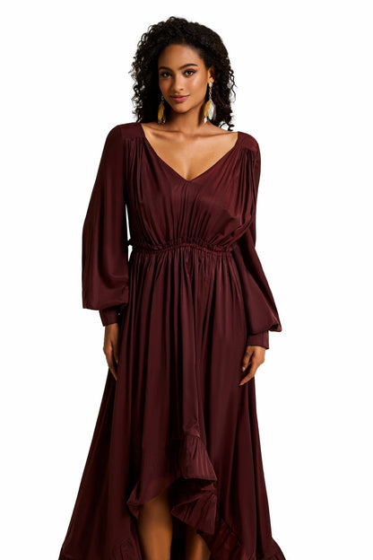 Lantern Sleeve Ruffle Midi Dress