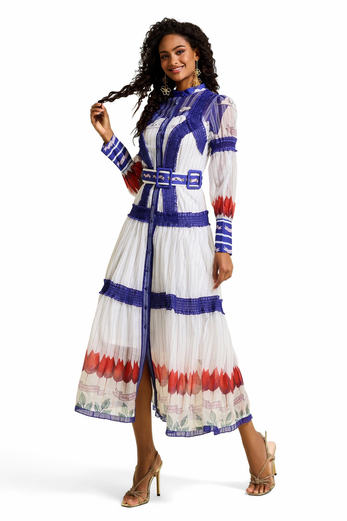 Puff Sleeve Midi Dress With Belt