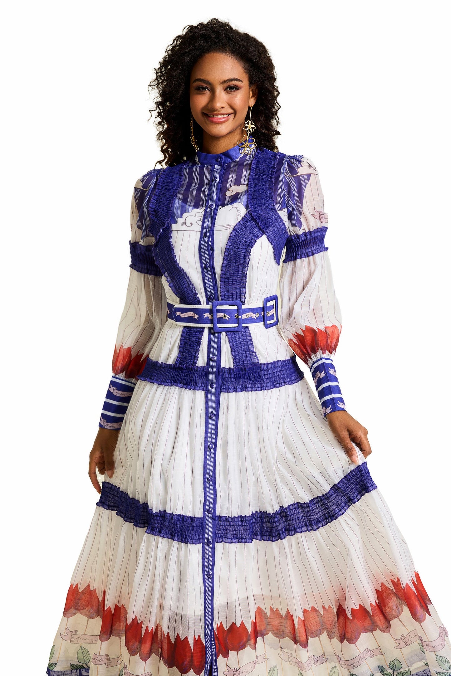 Puff Sleeve Midi Dress With Belt