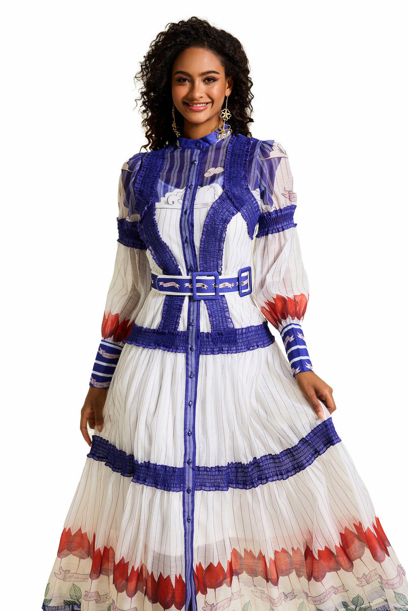 Puff Sleeve Midi Dress With Belt