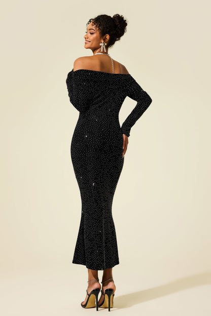 Rhinestone Off-shoulder Midi Dress
