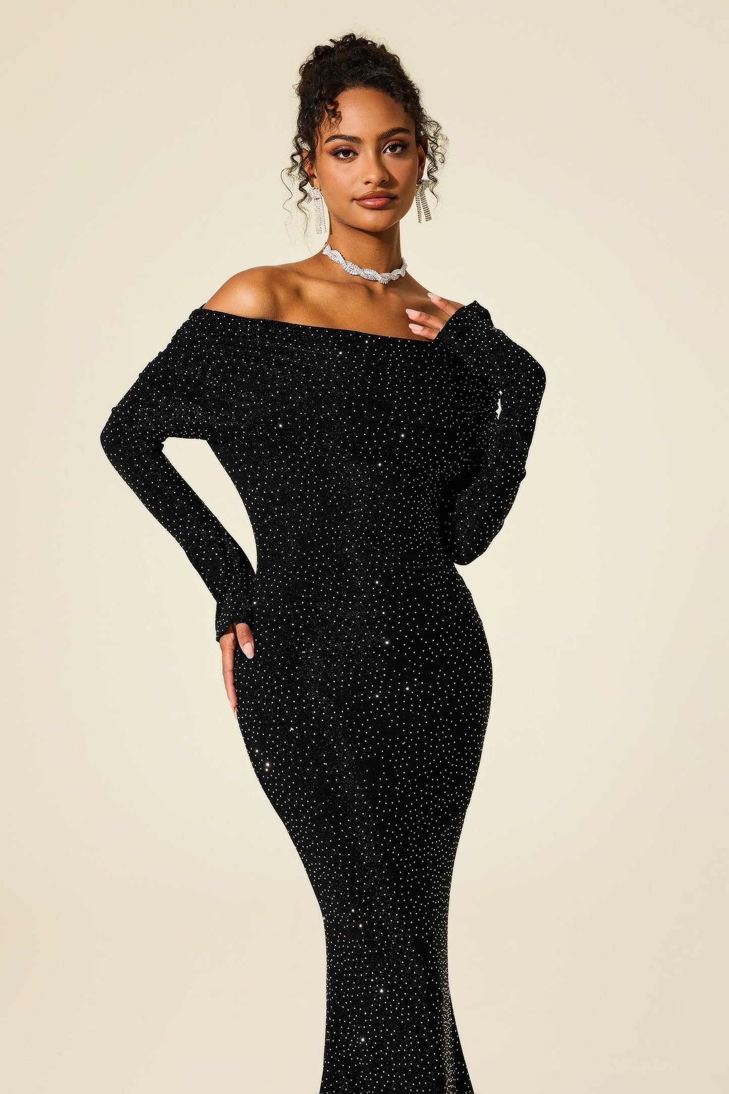 Rhinestone Off-shoulder Midi Dress