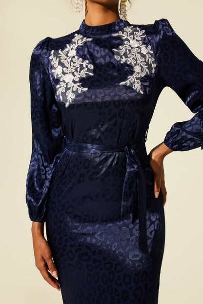 Embroidered Leopard Print Midi Dress