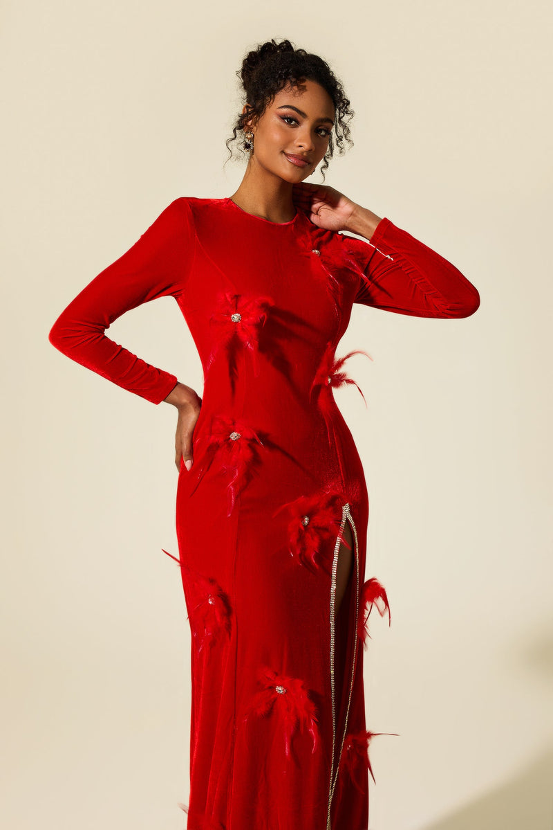 Velvet Feather Rhinestone Split Midi Dress