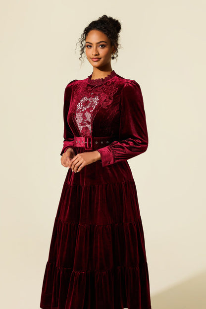 Embroidered Velvet Lantern Sleeve Midi Dress