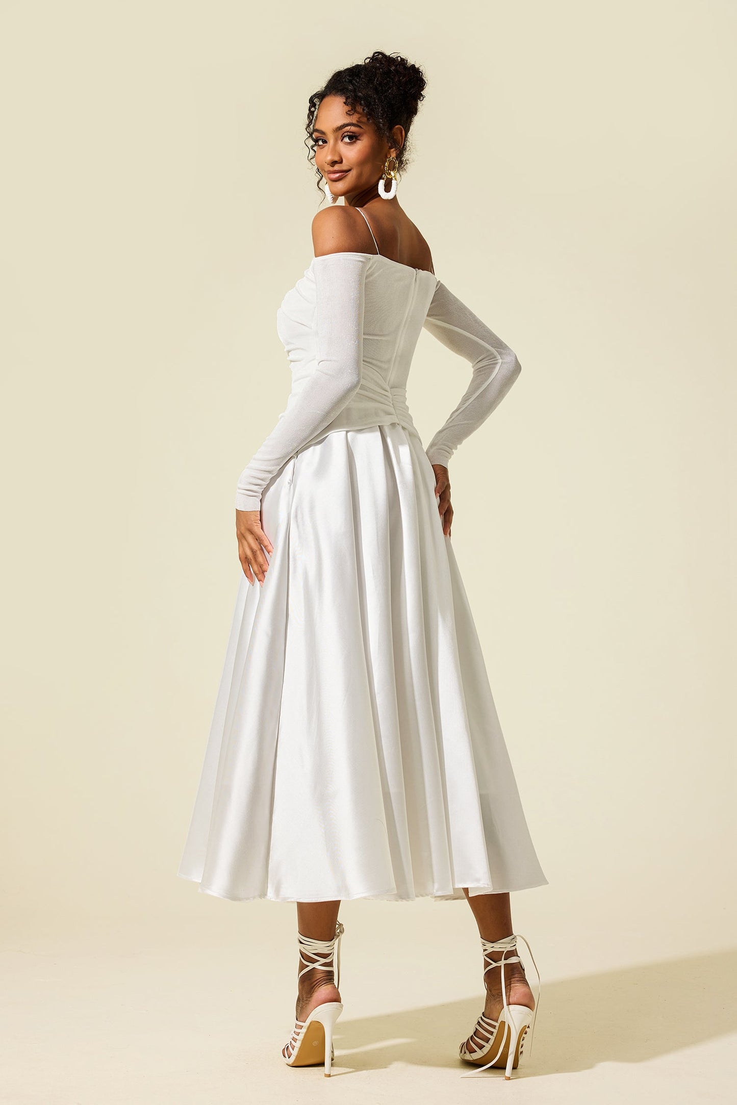 Satin Jersey Long Sleeve Off-shoulder Midi Dress