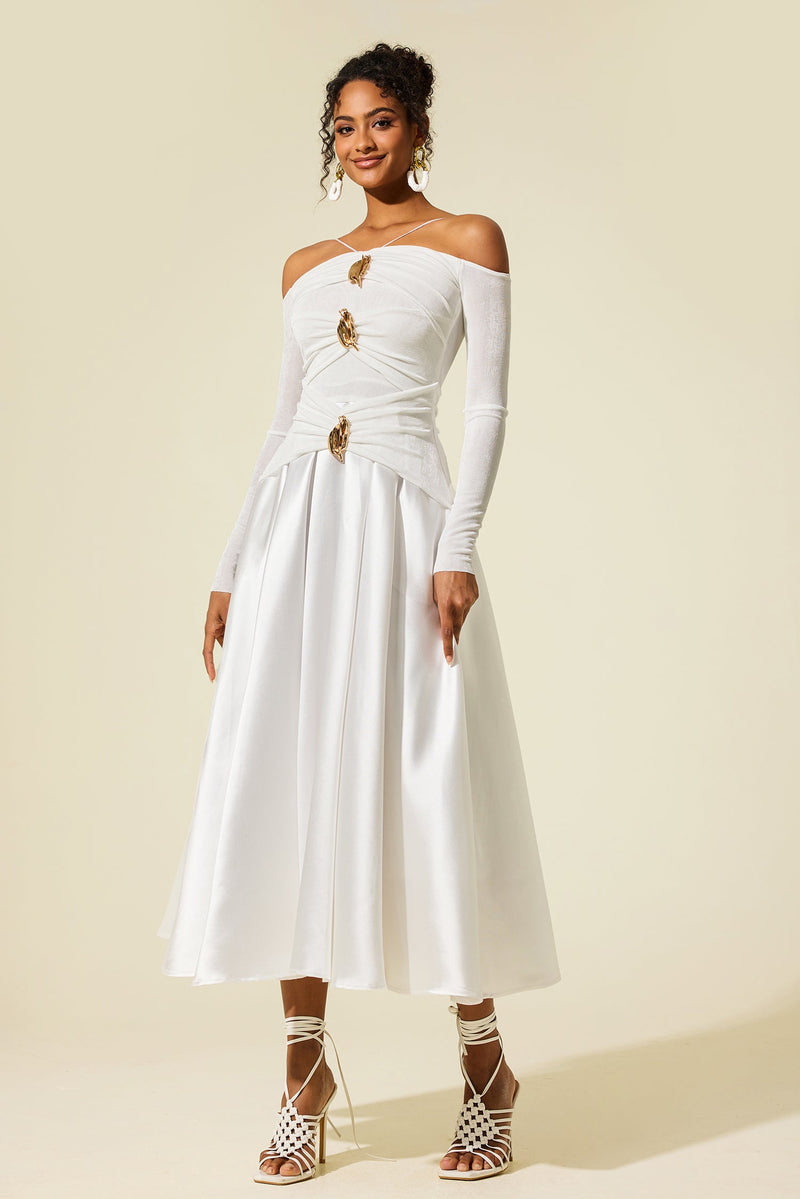 Satin Jersey Long Sleeve Off-shoulder Midi Dress