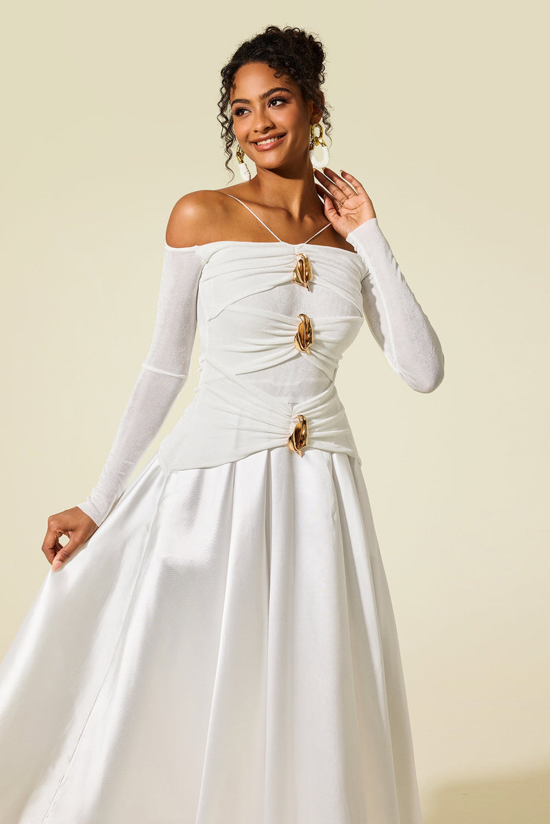 Satin Jersey Long Sleeve Off-shoulder Midi Dress