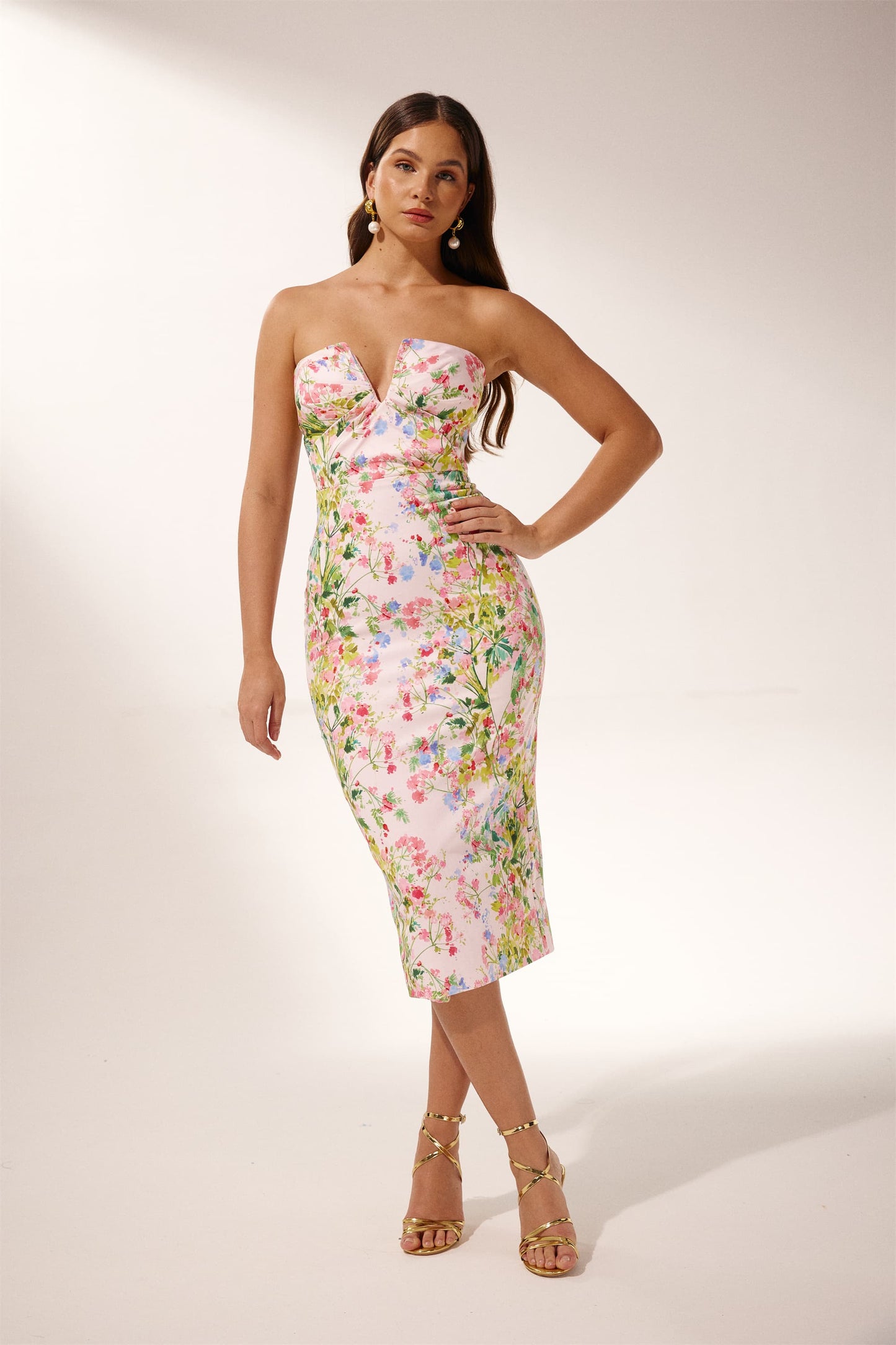 Karen Printed Strapless Midi Dress