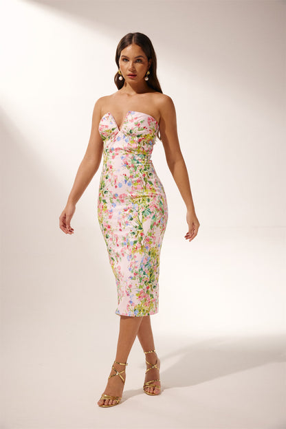 Karen Printed Strapless Midi Dress