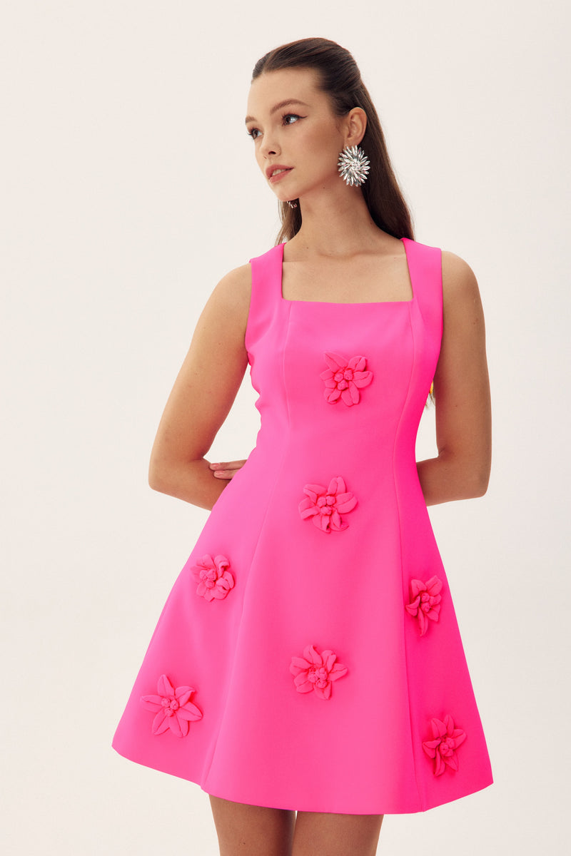 Thera Sculpted Flower Square Neck Mini Dress